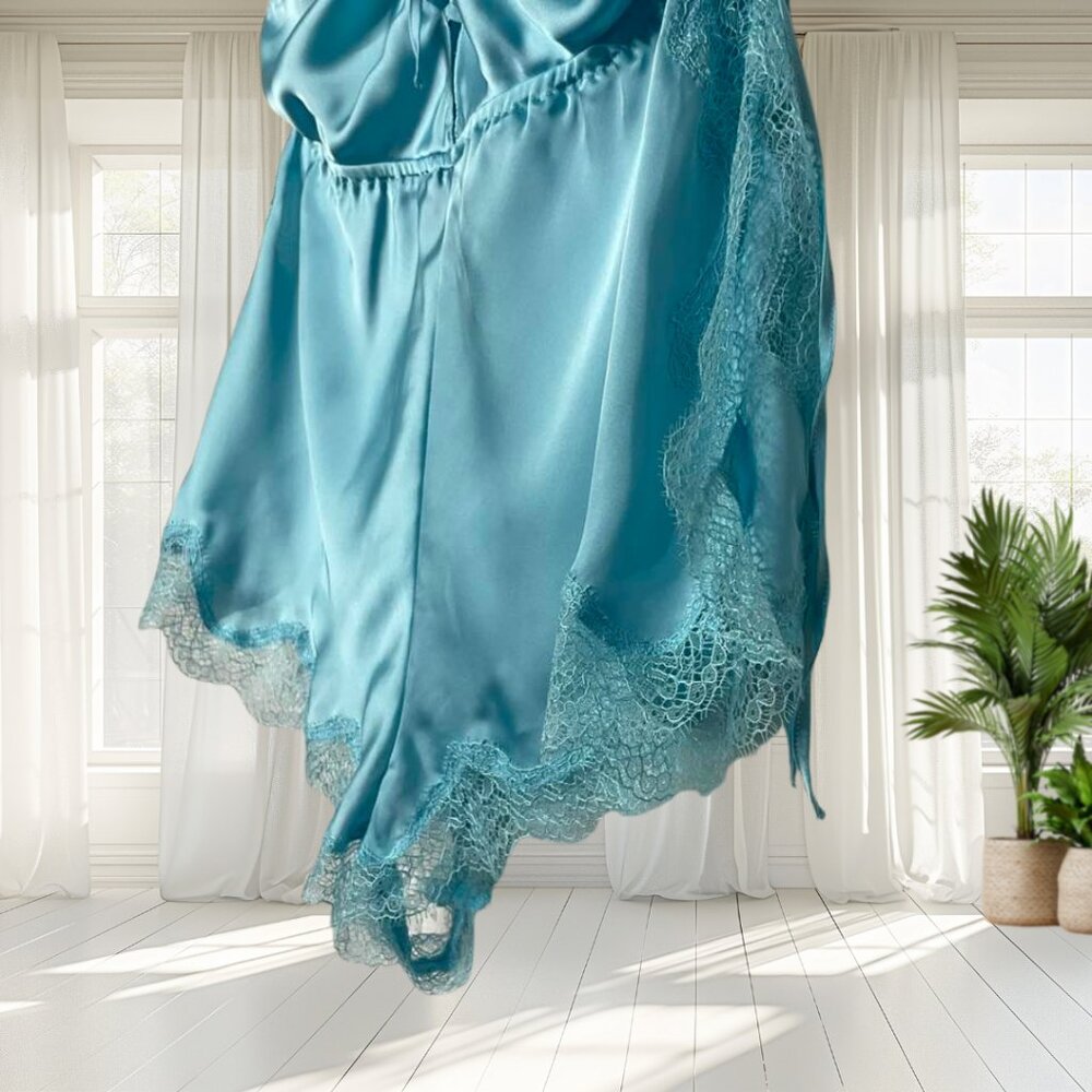 Victoria's Secret Medium Satin Side-Tie Teddy Romper Bodysuit Lace Blue - Picture 4 of 15